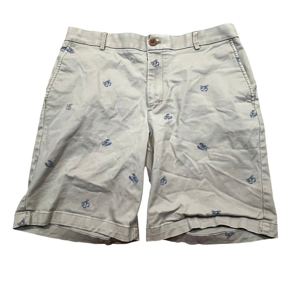 Izod Saltwater Stretch Shorts Mens‎ 32 Blue Crab Print Beige Chino Casual Preppy